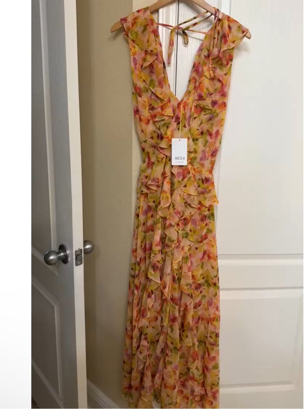 Misa Los Angeles Pink & Yellow Floral Ruffle Maxi Dress